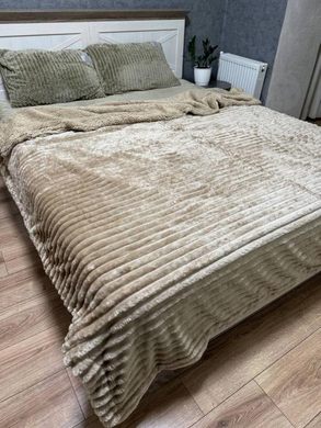 Теплий м'який плед покривало Шарпей Смужки на овчині 200x230 Євро Бежевий  1007844 фото